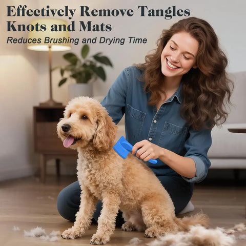 Woman grooming curly-haired doodle dog with blue slicker brush to remove tangles and knots
