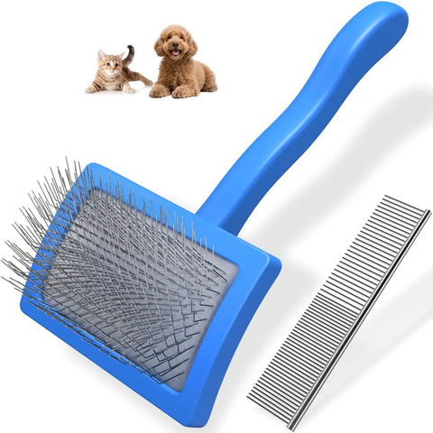 Blue slicker brush for dogs and cats with long bent pins and steel grooming comb