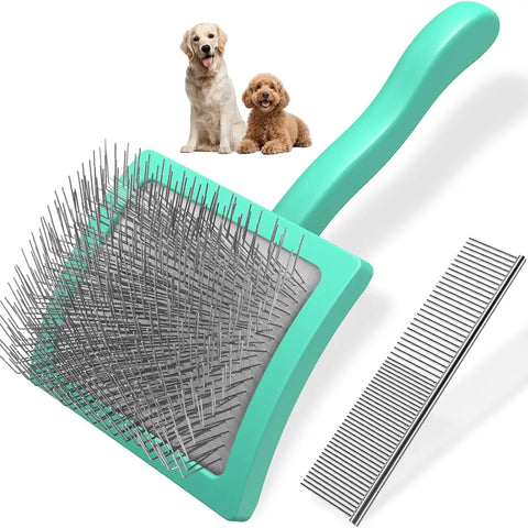Cyan green pet slicker brush with long pins and stainless steel dog comb