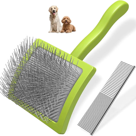 Lime green pet slicker brush with angled wire pins and metal grooming comb
