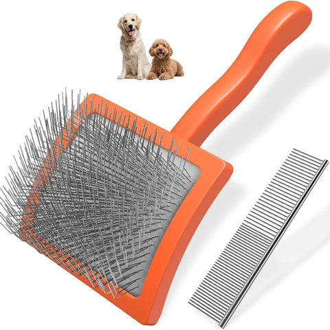 Orange dog slicker brush for mat removal with stainless steel grooming comb