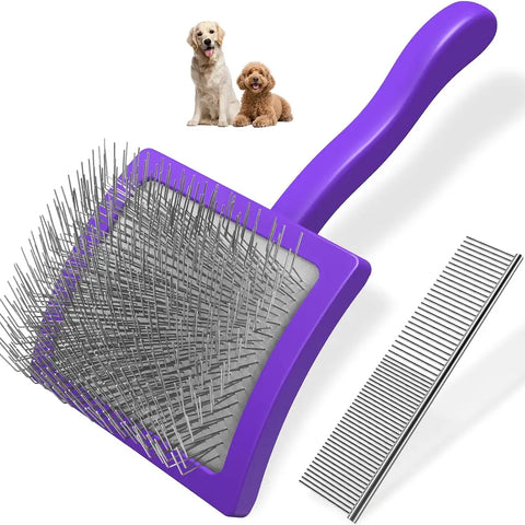 Deep purple pet slicker brush for long-haired dogs with steel comb