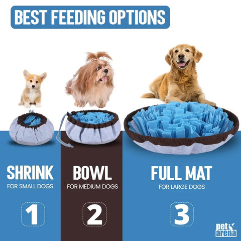 Infographic showing three snuffle mat sizing options: shrink for small dogs, bowl for medium dogs, and full mat for large dogs.