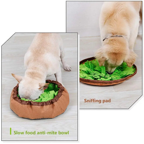 Side-by-side comparison of dogs using the product as a flat sniffing pad versus a slow feeder bowl.