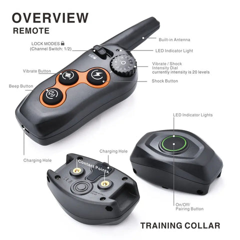 Dog training remote control with clearly labeled buttons and components on white background
