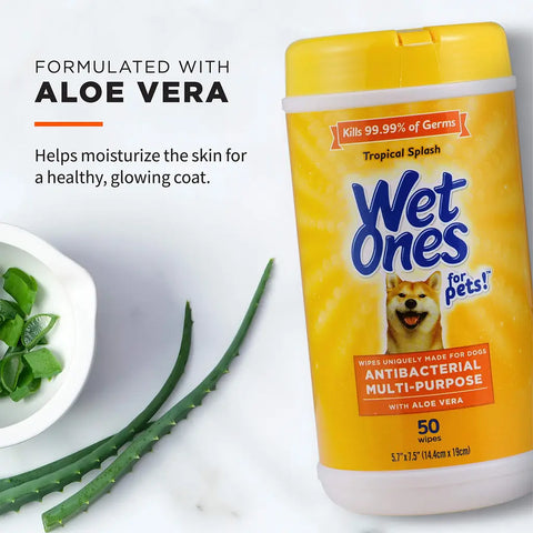 Wet Ones for pets formulated with aloe vera for healthy skin and glowing coat