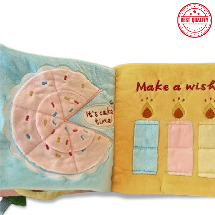 dog's soft book with cake illustration and 'Make a wish' text on a white background