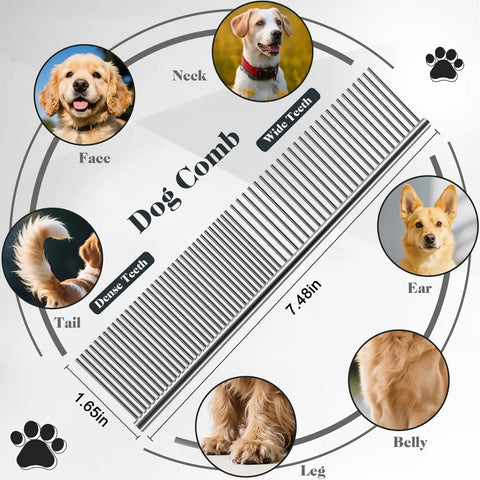 Stainless steel pet grooming comb with wide and dense teeth for dog face ears tail and body