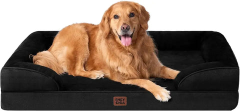 Black EHEYCIGA orthopedic memory foam bolster dog bed with resting Golden Retriever