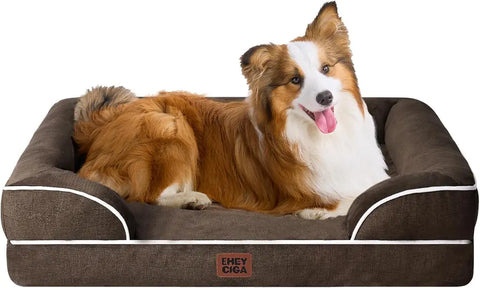 Dark brown EHEYCIGA orthopedic memory foam dog bed with white rim trim detail