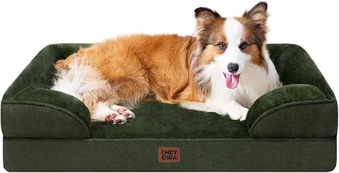 Dark green EHEYCIGA orthopedic memory foam dog bed with resting Shetland Sheepdog