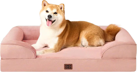 EHEYCIGA orthopedic memory foam dog bed in dusty pink with resting Shiba Inu