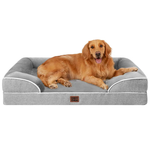 EHEYCIGA orthopedic memory foam dog bed with gray bolster design and golden retriever