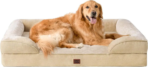 Graige neutral tone EHEYCIGA orthopedic memory foam dog bed with resting Golden Retriever