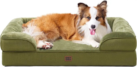 Olive green EHEYCIGA orthopedic memory foam dog bed with resting Shetland Sheepdog