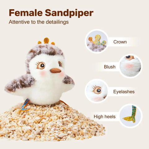 Female sandpiper plush cat toy highlighting key features including crown, eyelashes, blush, and colorful feet