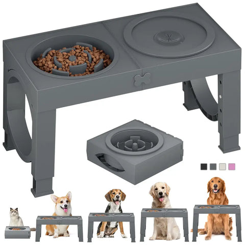 Diagram illustrating five adjustable height settings from 3.15 to 13.78 inches for growing pet sizes