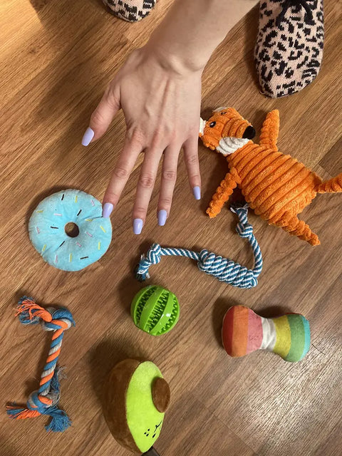Flat lay of various plush and rope dog toys including a blue donut and green avocado on a hardwood floor next to a customer's hand, customer review image.