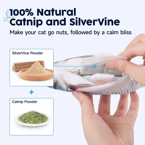 Hands inserting natural catnip and silvervine powder pouch into the plush fish toy's inner pocket.