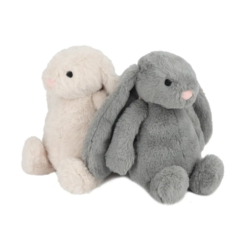 Pair of soft plush bunny dog toys with long floppy ears in cream and grey