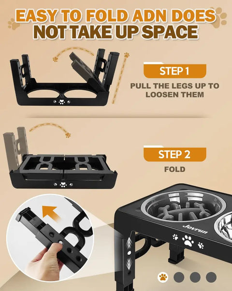 Step-by-step instructions showing how to adjust and fold the legs of the Jovrun elevated dog bowl stand.