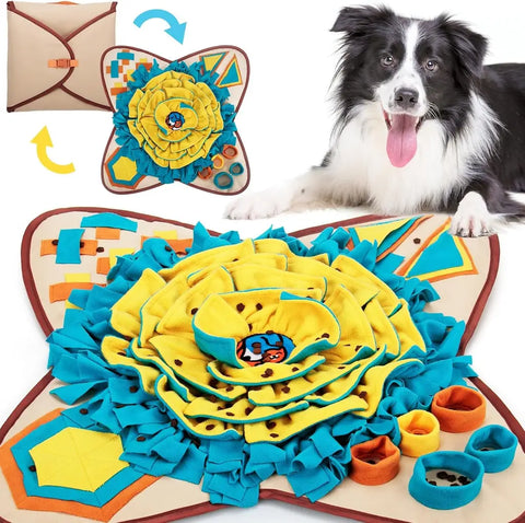 Foldable yellow and blue flower-shaped dog snuffle mat with interactive feeding pockets and Border Collie.