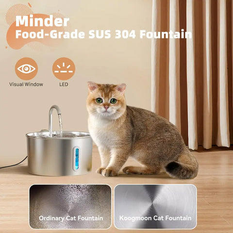 Minder food-grade SUS 304 stainless steel cat fountain with visual water window and LED light.