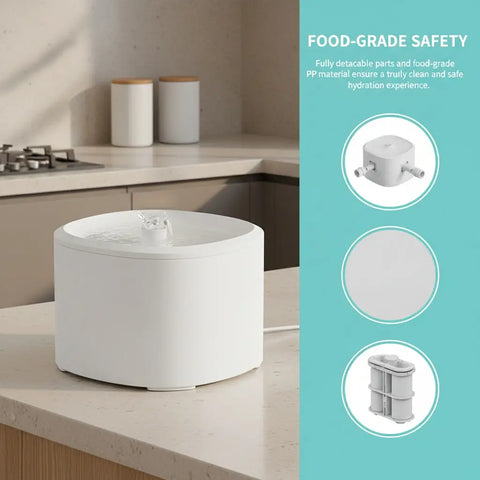 Food-grade safe and fully detachable PP material parts of a white pet water fountain.