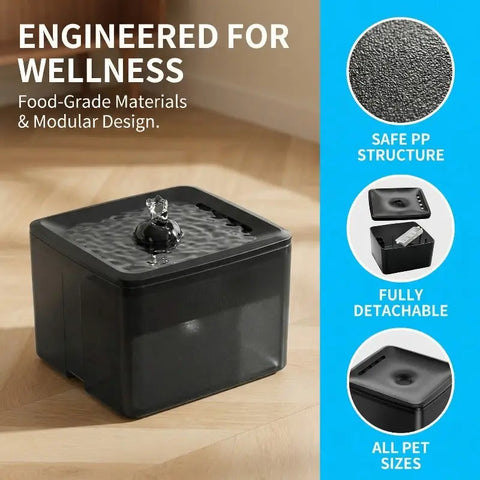 Black modular pet water fountain made from safe food-grade PP material suitable for all pet sizes.