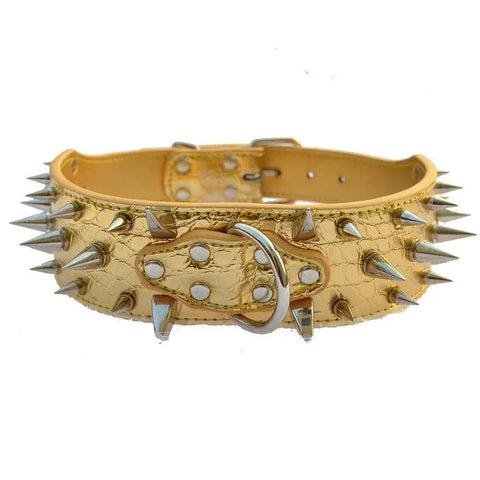 Four luxury spiked dog collars in black, red, and brown colors with promotional text