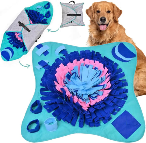 Golden Retriever next to an expanded turquoise, blue, and pink interactive snuffle mat with diagrams showing how it folds into a portable travel bag.