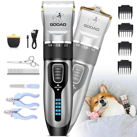 Silver edition of the GOOAD cordless pet clipper kit with full grooming accessories and digital battery display panel.
