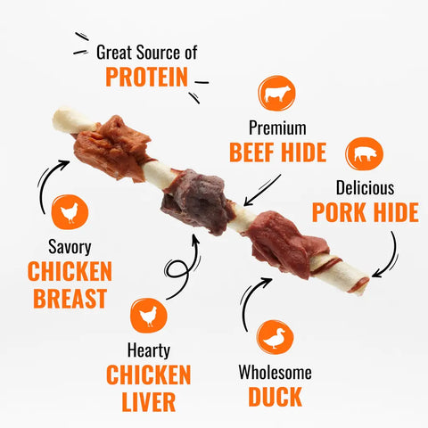 Infographic of a Good 'n' Fun kabob showing layers of beef hide, pork hide, chicken breast, duck, and chicken liver.