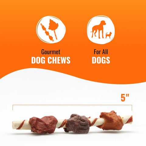 Diagram showing a single Good 'n' Fun gourmet dog chew measuring 5 inches in length.