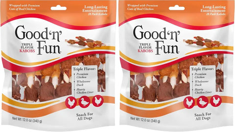 Two-pack bundle of Good 'n' Fun Triple Flavor Kabobs dog treats, 12 oz bags.