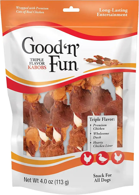 Front packaging of Good 'n' Fun Triple Flavor Kabobs snack for all dogs, 4 oz bag.