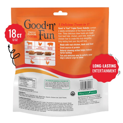 Back of Good 'n' Fun Triple Flavor Kabobs packaging showing ingredients list and guaranteed analysis.