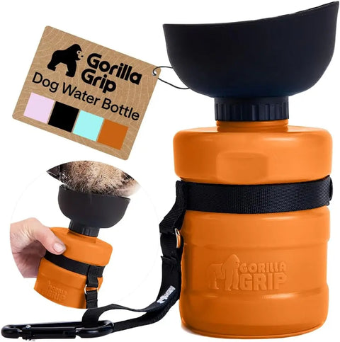 Gorilla Grip leakproof dog water bottle for walking and hiking in orange