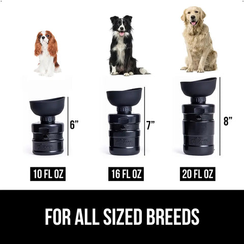 Size chart for Gorilla Grip dog water bottles in 10 oz, 16 oz, and 20 oz capacities