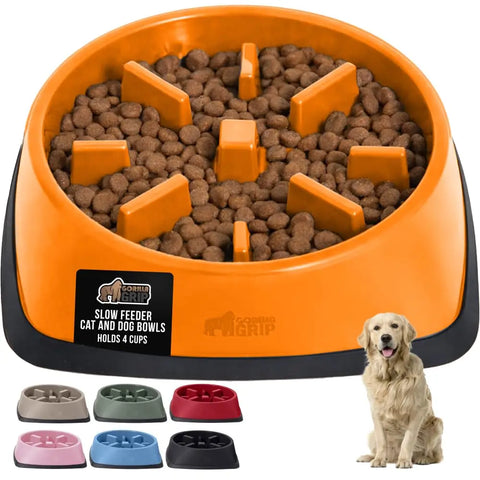 Bright orange slow feeder dog bowl by Gorilla Grip to prevent bloating.