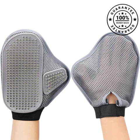 Gray grooming gloves with textured surface on a white background, guarantee badge