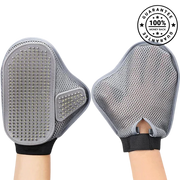 Gray grooming gloves with textured surface on a white background, guarantee badge
