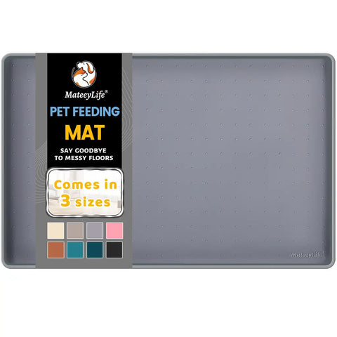 Gray MateeyLife pet feeding mat with product retail packaging band showing color options.