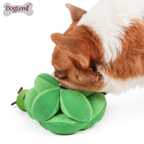 Green broccoli-shaped slow feed dog toy for mental stimulation and playful eating habits