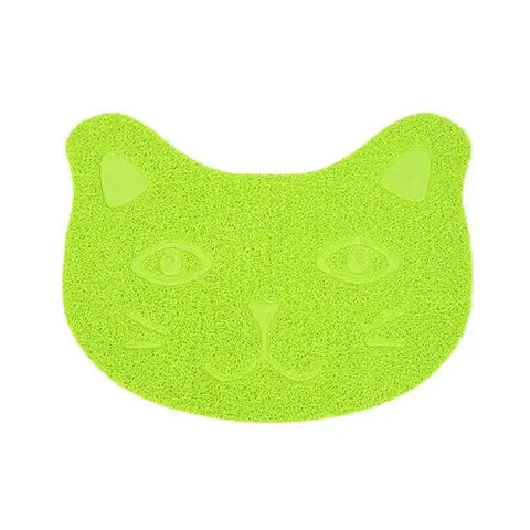 Green cat-shaped pet mat with non-slip base and easy-clean surface.