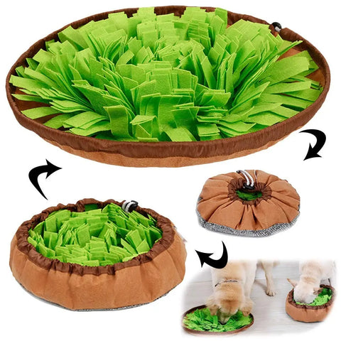 Green grass-style fleece dog snuffle mat showing transformation into a cinch feeding bowl.