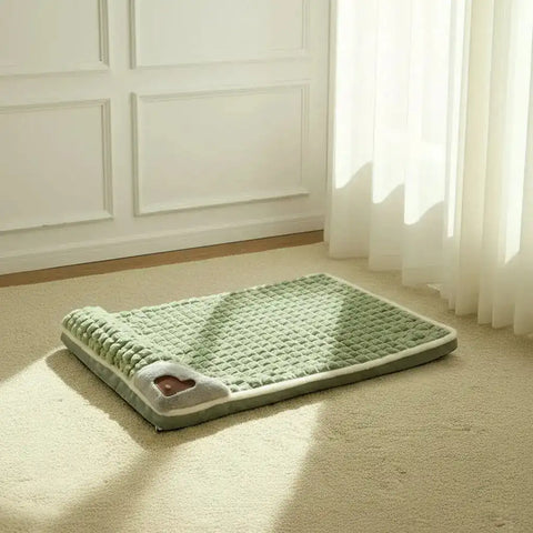 Green pet bed on carpeted floor with wooden crate and decorative items.