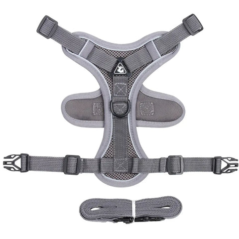Grey cat harness and leash set with adjustable escape-proof design and soft padding