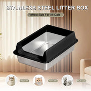 Stainless steel metal litter box with high splash guard suitable for big cats, fat cats, and multi cat households.