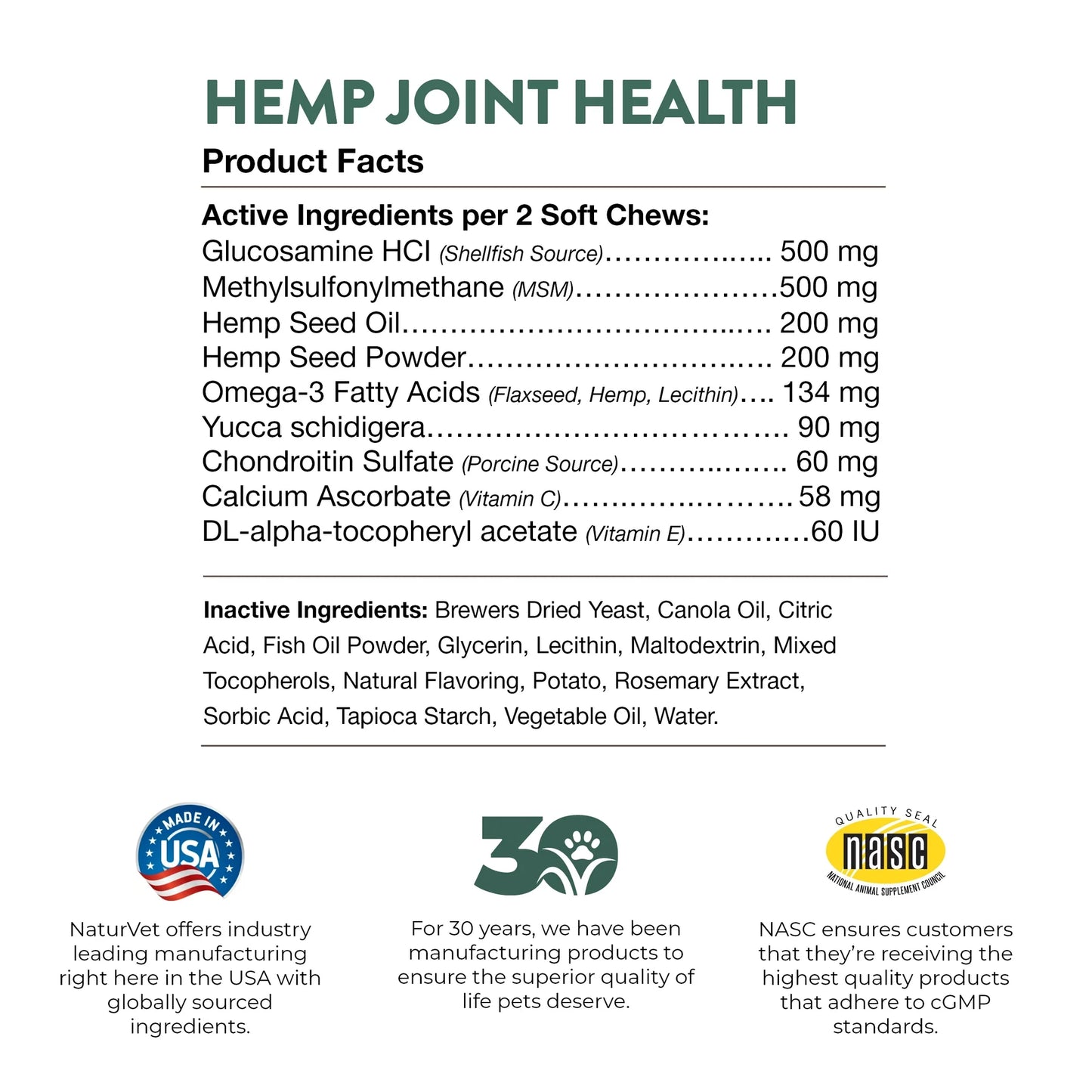 Product label for Hemp Joint Health with active and inactive ingredients listed.